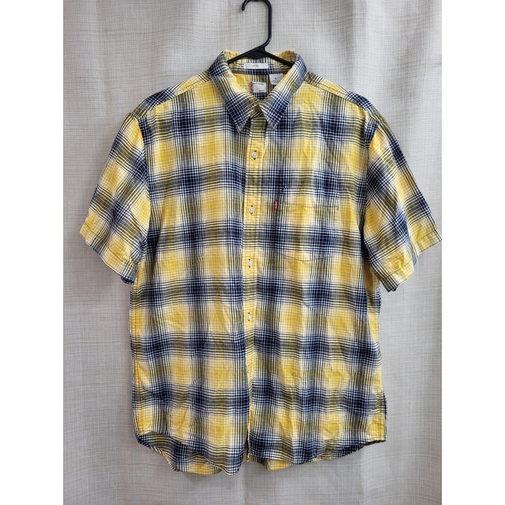 Levi's Men's Fitted Button Down Plaid Shirt Yellow Navy Blue Cotton Size Large